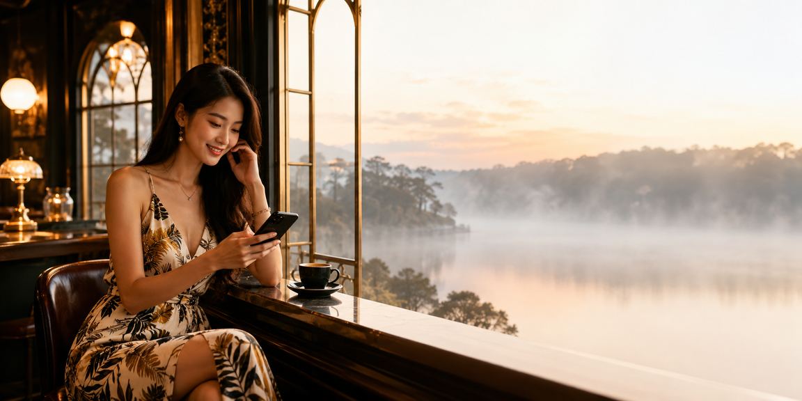 Người chơi Việt Nam đăng nhập cá cược trên điện thoại tại quán cà phê Đà Lạt
