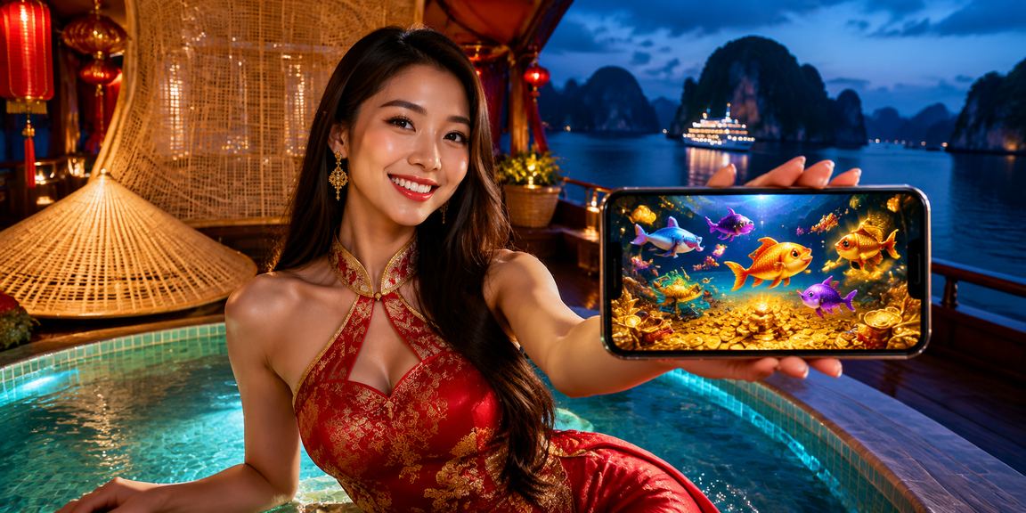 Người dùng dùng điện thoại truy cập ứng dụng cá cược tại vịnh Hạ Long với nón lá truyền thống