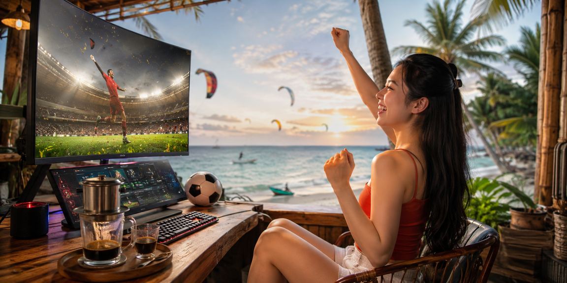 Người chơi tại Mũi Né xem tỷ lệ kèo esports trên điện thoại trong quán cà phê ven biển